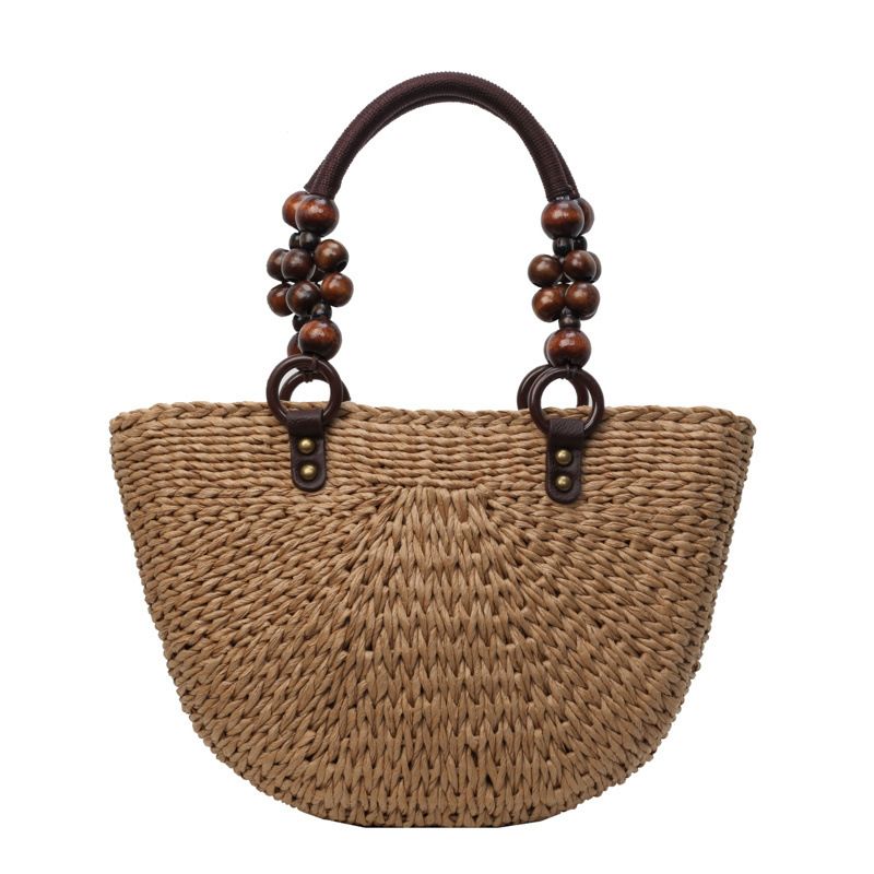 Borsa a mano in paglia tailandese intrecciata con perline di legno, grande capacità, borsa da viaggio estiva in rattan, da spiaggia e da vacanza sottobraccio_voghion.com
