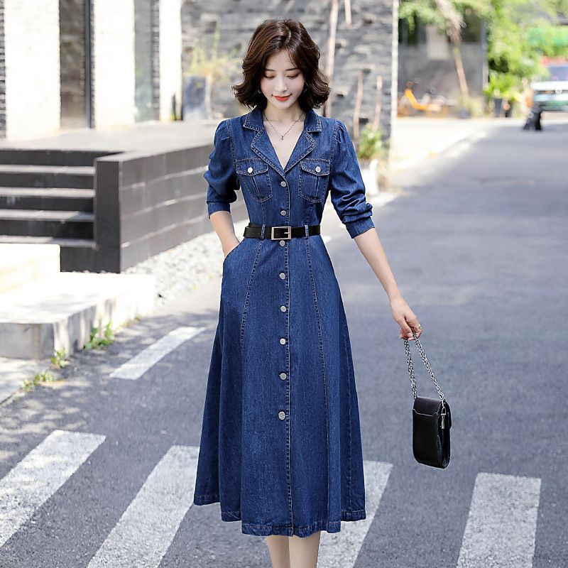 Abito in denim a maniche lunghe per donna in primavera e in estate, design sottile, stile francese, elegante, anti-età,_voghion.com