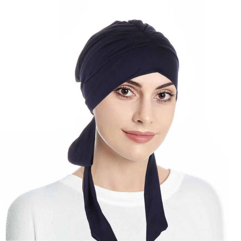 new solid color crystal linen pleated long tail bow headscarf hat_voghion.com