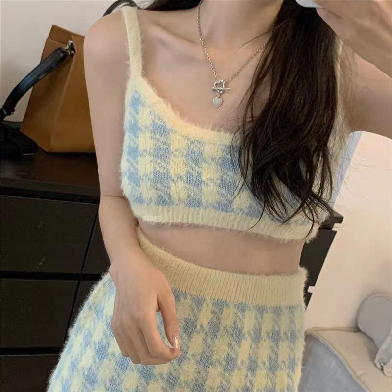 2024 Xiaoxiangfeng Tausend-Vogel-Gitter für Damen, klein und stylisch, Strickoberteil, Halbrock, dreiteiliges Set_voghion.com