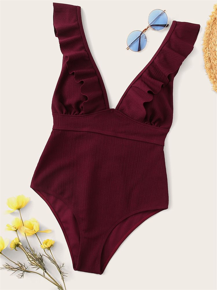 Maillot de bain une pièce à volants pour femme, couleur unie, multicolore, rayé, sexy_voghion.com