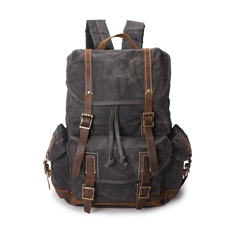 Mochila LazyZoom Straight para hombre, resistente al agua y al desgaste, para viajes al aire libre, de piel de caballo loco, lona encerada al óleo, bolso de hombro doble_voghion.com