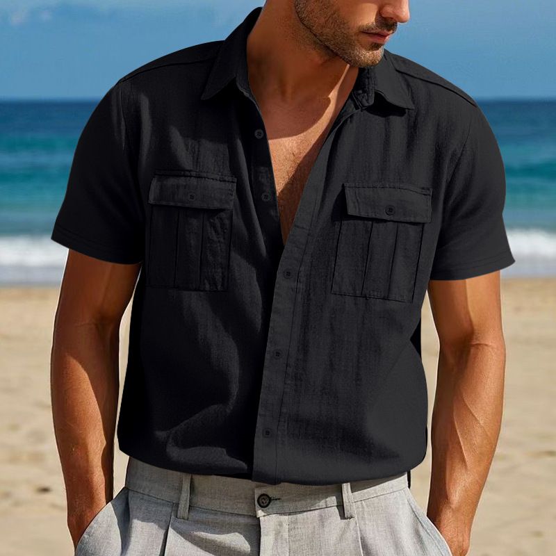 Herren Sommerhemd, amerikanisch, locker, Strand, atmungsaktiv, lässig, Leinen, mehrere Taschen, geknöpft, Arbeitskleidung, kurzärmelig_voghion.com