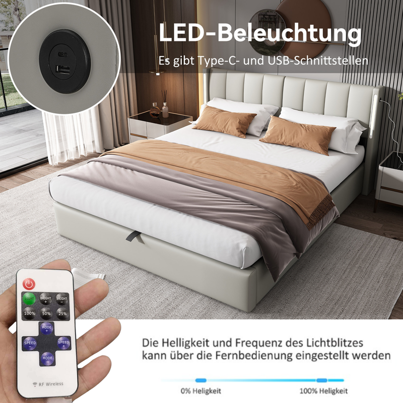 Lit rembourré LED binaural 160 x 200 cm, lit coffre hydraulique avec tête de lit réglable, port USB rechargeable, éclairage LED, cuir synthétique, gris_voghion.com