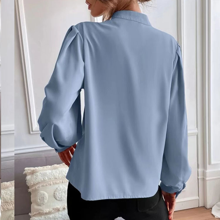 Women's Shirts Solid Color Lapel Long Sleeve Single-row Button Loose Women's Top_voghion.com