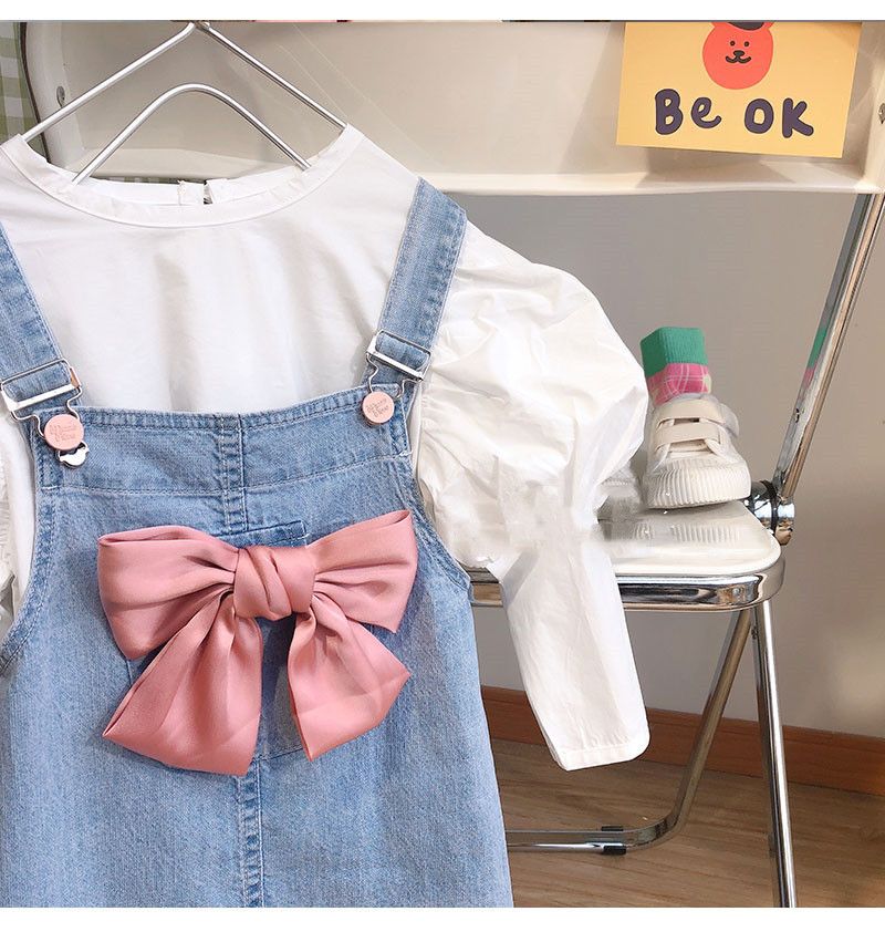 Abbigliamento per bambini, set da due pezzi per ragazze, top con maniche a sbuffo e tuta in denim con gonna_voghion.com