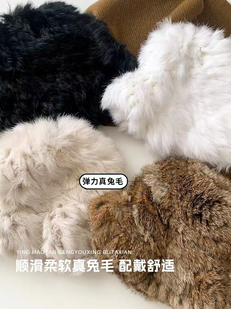 Cappello in peluche bianco da donna in vero pelo di coniglio in autunno inverno per tenersi al caldo e mostrare il viso, l'orecchio piccolo_voghion.com