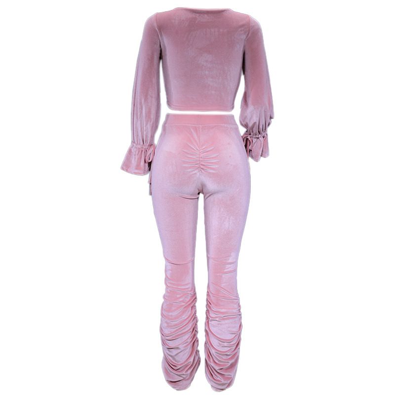 Women's Clothing autumn and winter sexy navel-baring long-sleeved top solid color micro-flared pants two-piece set_voghion.com