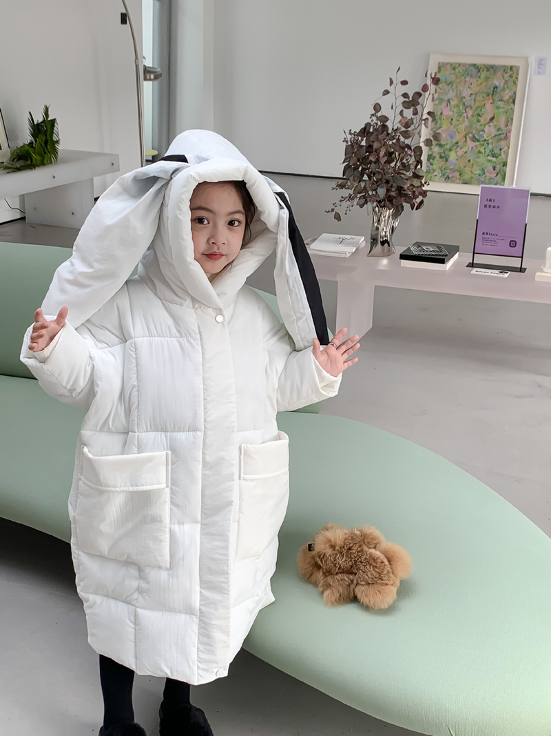 Children's Winter Cotton-padded Jacket For Boys And Girls Rabbit Ears Hooded With Rotator Sleeve Medium Long Cotton-padded Coat_voghion.com