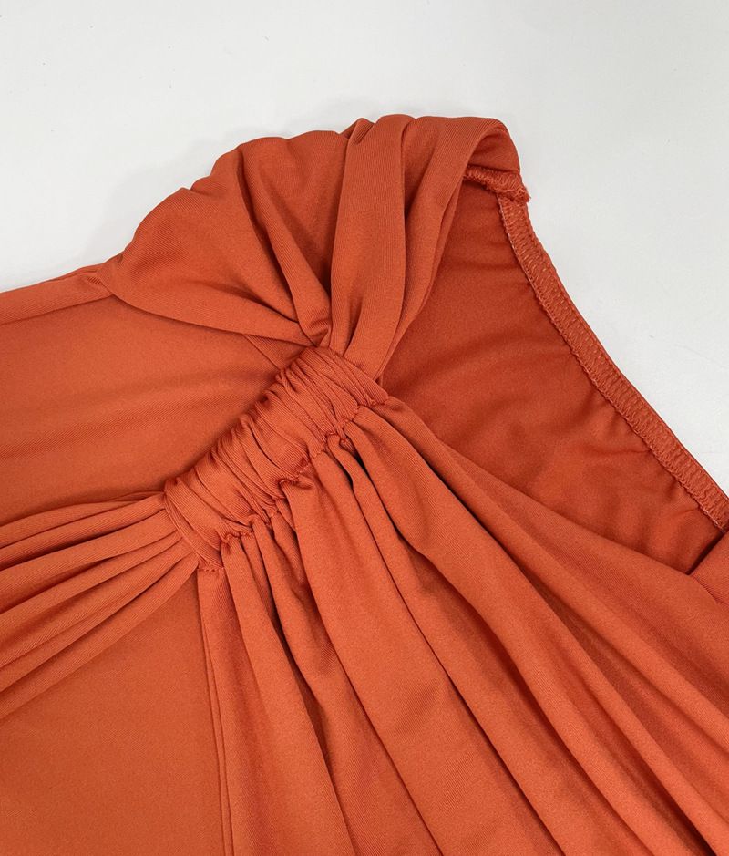 Abito lungo arricciato con lacci, tinta unita, alla moda, con schiena scoperta, monospalla, estivo 2025_voghion.com