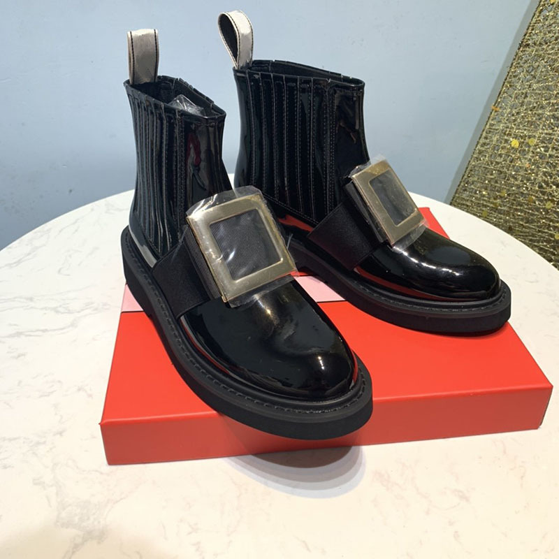 New Women's Flat Bottom Round Head Short Boots with Square Buckle Lacquer Leather Water Diamond Martin Boots Women's Versatile Shoes_voghion.com