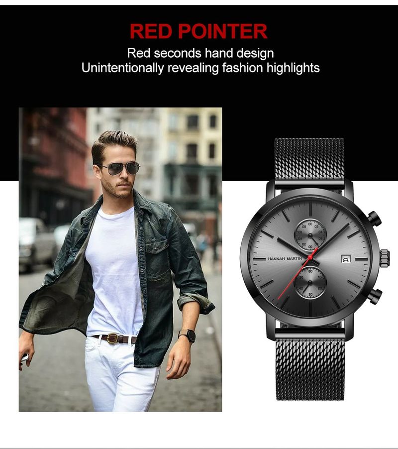 Men's Stainless Steel Waterproof Quartz Watch With Date Function, 44.5mm Round Dial, Mineral Glass, Casual & Business Style_voghion.com