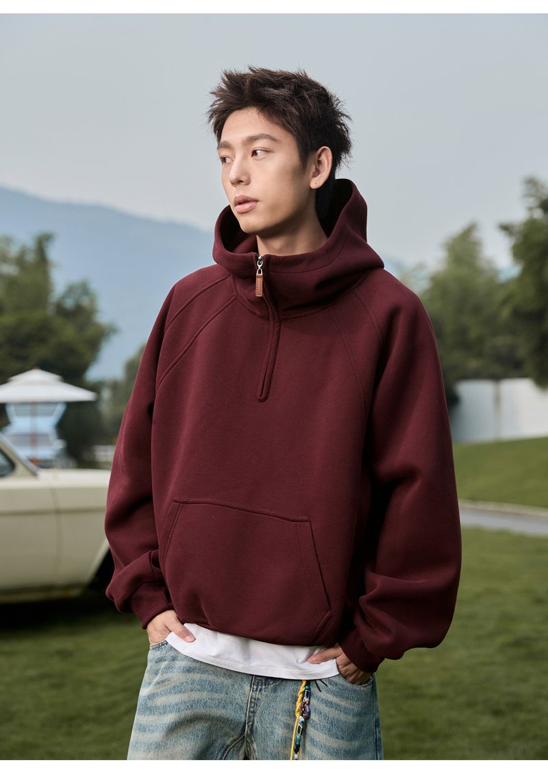 Schwerer 380 g schwerer Kapuzenpullover für Herren mit halbem Reißverschluss und Stehkragen, übergroßer Passform, lässiger Pullover für Herbst und Winter_voghion.com