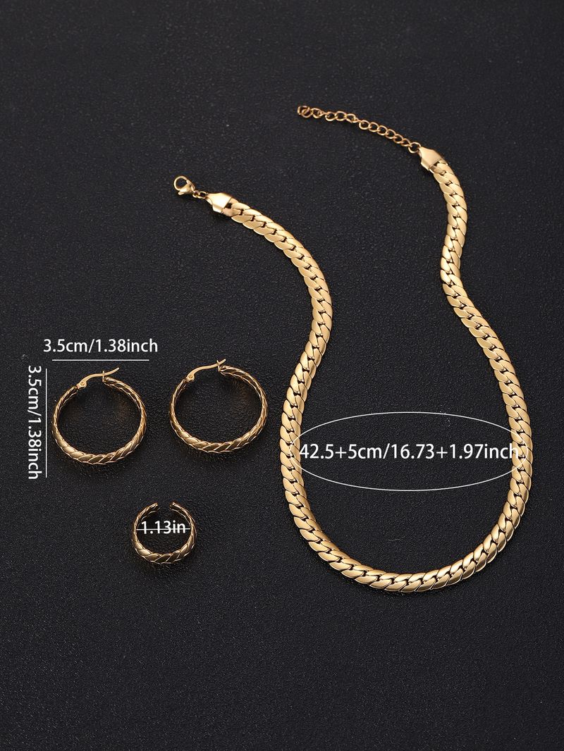 Schmuck aus Titanstahl, modische und schlichte gewebte Halskette, High-End-Feeling für Damen, Weizenohr-Ohrringe, Ringset_voghion.com