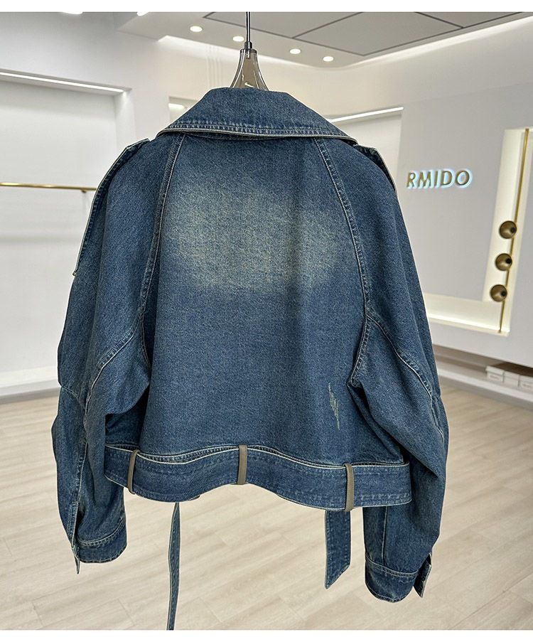 Women's Clothing Leather Denim Short Jacket Vintage Distressed Denim Jacket Women's Casual Oversized Short Coat With Patchwork Design, Retro Blue_voghion.com