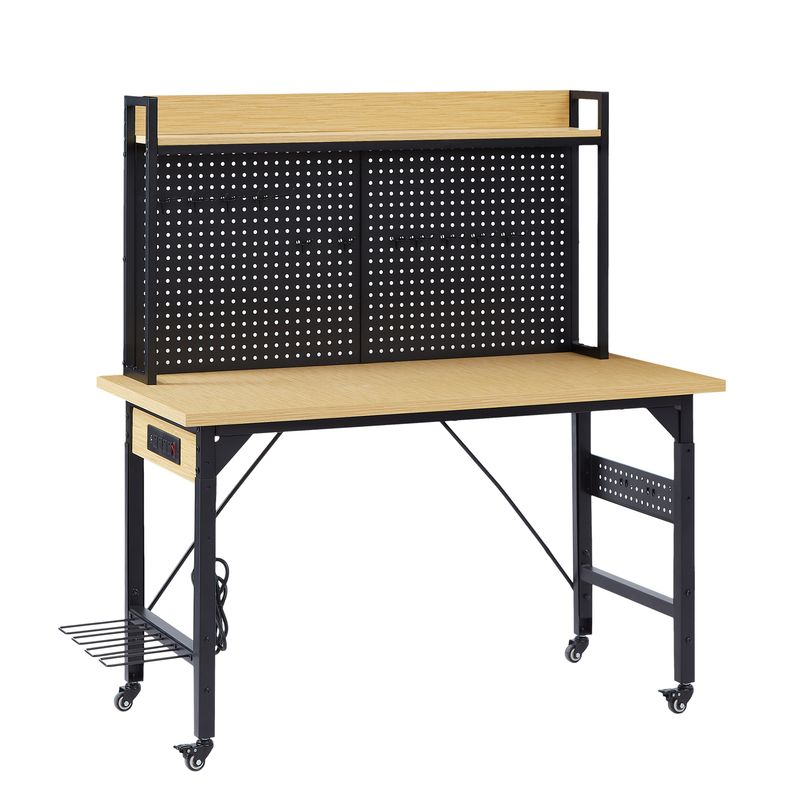 48''Adjustable Workbench With Pegboard, Heavy Duty Wooden Desktop Workbench With Wheels, 1600 Lb. Load Capacity, Rolling Workbench With AC/USB Outlet, Hooks, Shelf, For Garage, Workshop, Office, Home._voghion.com