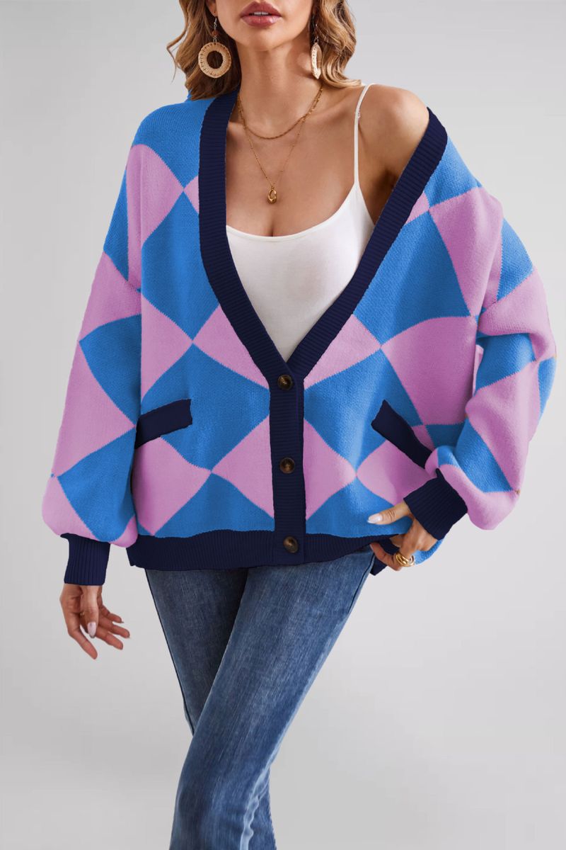 2025 Inverno Transfrontaliero Europeo E Americano 2025 Saldi Caldi Scollo a V Trapuntato Patchwork Color-Block Maglia Larga_voghion.com