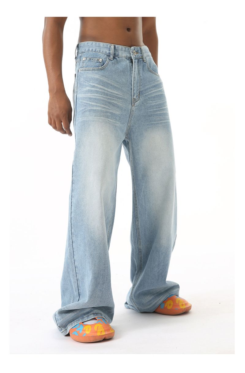 EF JEANS | 2024 Yeni Amerikan Yıkanmış Kırışık Tasarım Duygusu Düz Paspas Eski Açık Mavi Kot Pantolon_voghion.com