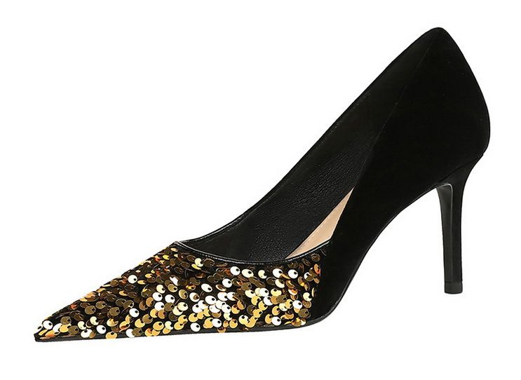 7236-1 Stijl Fahion Licht Luxe Banket Dames Hoge Slanke Hak Ondiepe Mond Puntige Gesplitste Pailletten Stof Enkel_voghion.com