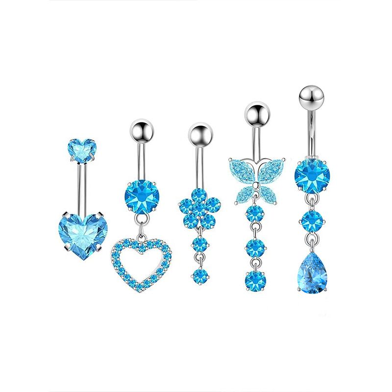 Set di gioielli da piercing all'ombelico in acciaio inossidabile da 5 pezzi in stile europeo e americano con zirconi a forma di cuore_voghion.com