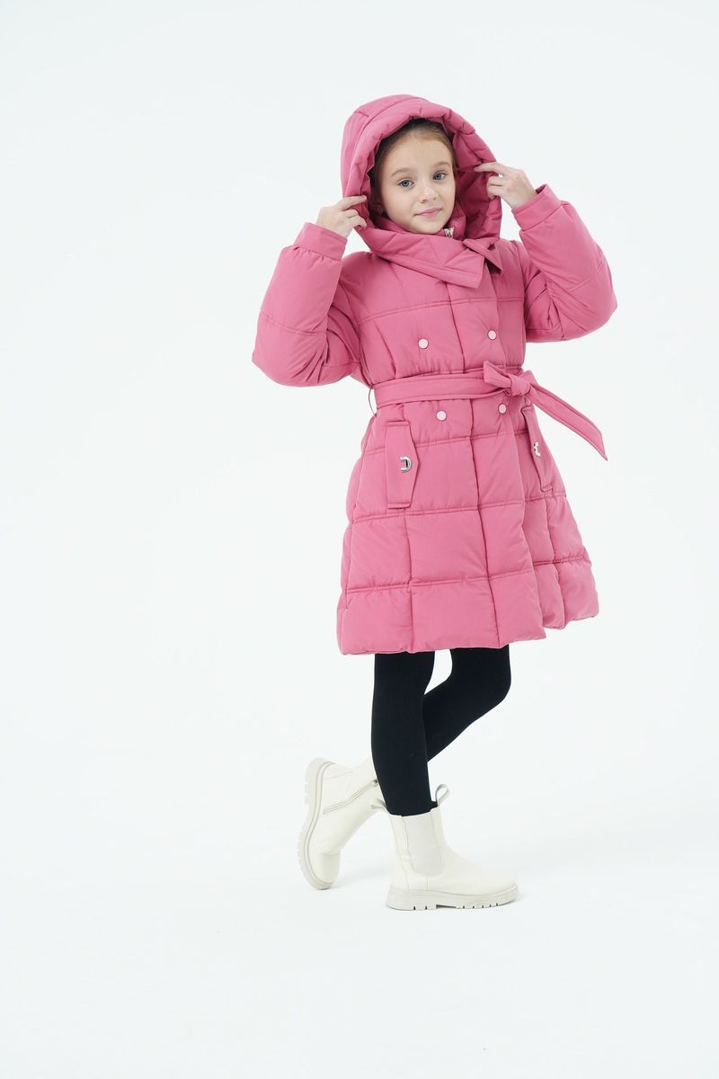 Mother & Kids Langer Puffermantel für Mädchen mit Gürtel und Kapuze – Warme Winterjacke mit Fleecefutter für Kinder (120–150 cm) – Lila/Wassermelonenrot/Schwarz_voghion.com