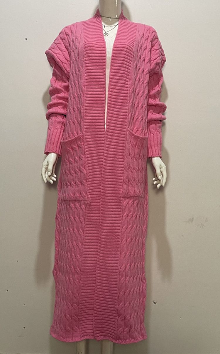 Damen-Strickpulloverjacke mit langen Ärmeln, lockerer langer Strickjacke_voghion.com