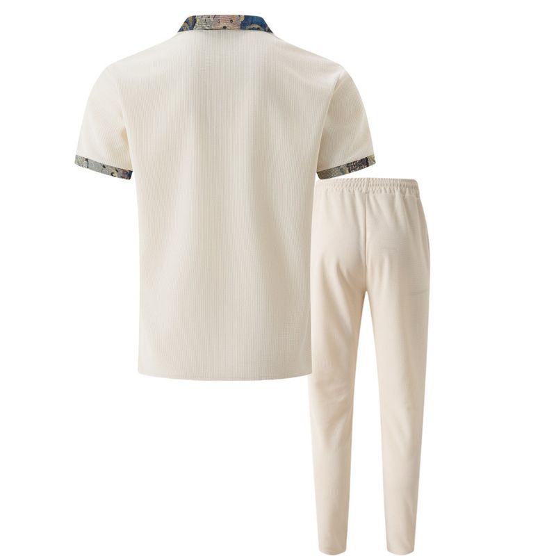 Roupas masculinas Nova juventude Waffle lapela cor combinando bolso manga curta calças terno casual_voghion.com
