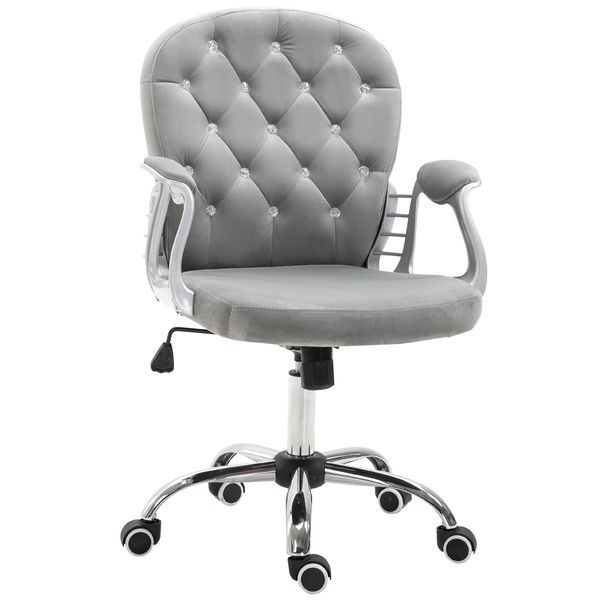 Vinsetto Velvet Office Chair, Button Tufted, Adjustable Swivel, Gray_voghion.com