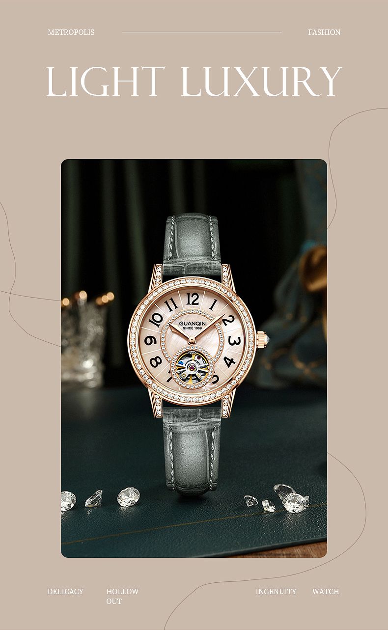 GUANQIN Watches For Women Luxury Mechanical Watch Skeleton Crystal Bezel Leather Strap Leisure 30M Waterproof Lady Wristwatches_voghion.com