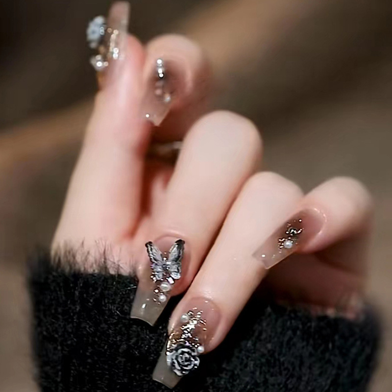 Rosa 24 Stück glitzernde künstliche Nägel, lange Ballerina-Nagelspitzen mit vollständiger Abdeckung und Perle, tragbare DIY-künstliche Nägel, abnehmbar_voghion.com