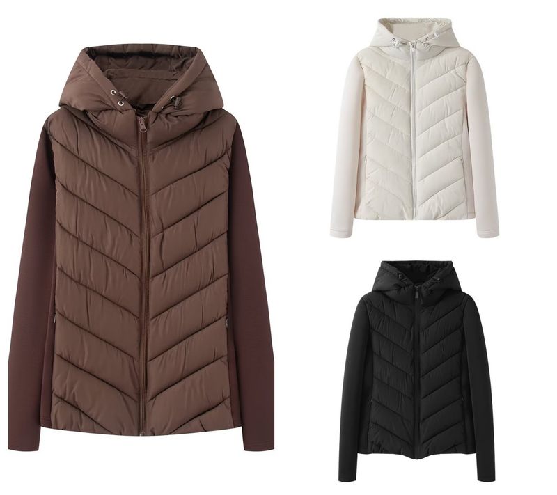 Giacca imbottita da donna con cappuccio, cerniera e collo alto - Capispalla invernale alla moda con pannelli a contrasto (bianco/nero/bordeaux)_voghion.com