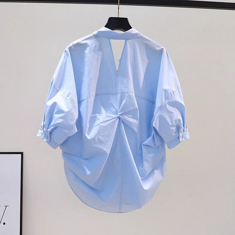 Camisa de verano para mujer, de algodón y lino, con abertura en la espalda, holgada, plisada y de manga corta._voghion.com