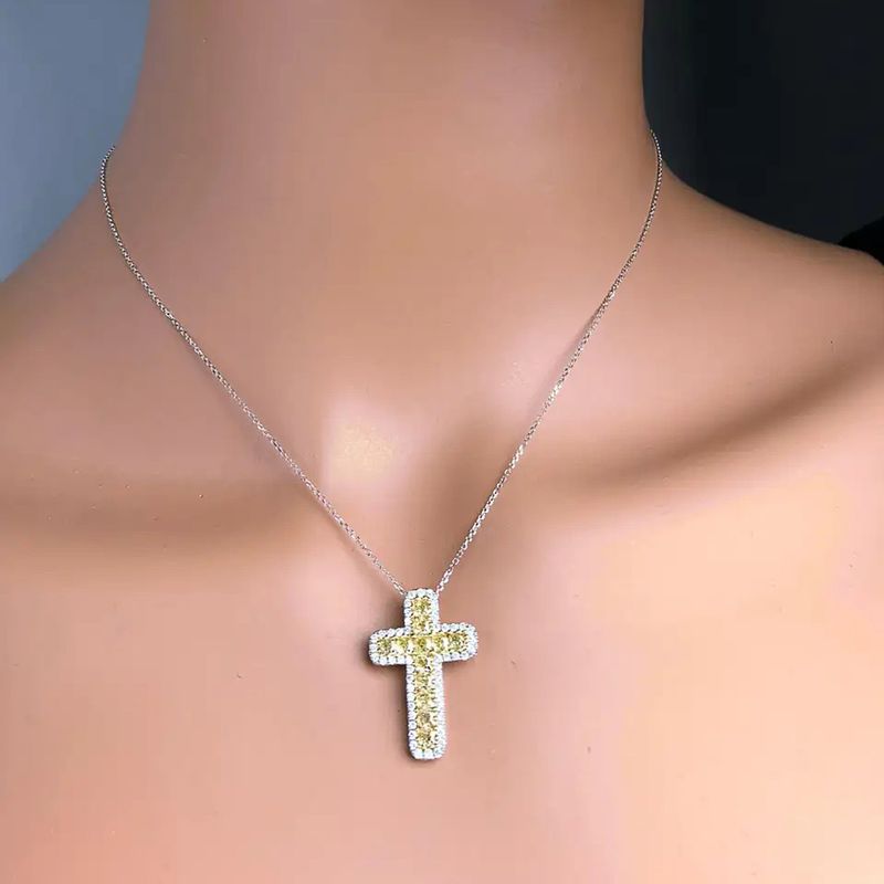 Fashion Huitan Lovely Cross Pendant Bright Yellow Color Cubic Zircon Anniversary Gift Daily Wear Women Necklace Fashion Jewelry_voghion.com