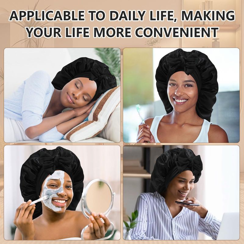 Women's Elegant Satin Sleep Cap With Wide Brim And Bow Tie, Breathable & Comfortable For All Seasons, Perfect For Hair Protection And Beauty Sleep_voghion.com