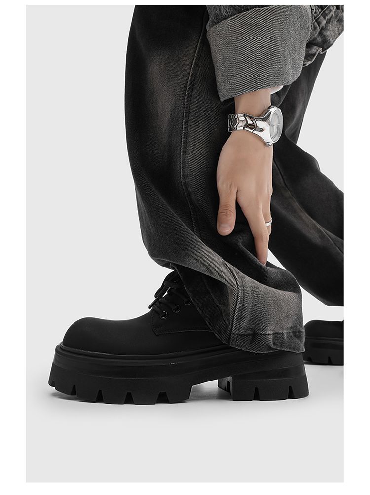 Thick Bottom Increased 7cm Derby Matte High-Grade Men's Casual Black Big Head British Style Small Leather Shoes_voghion.com