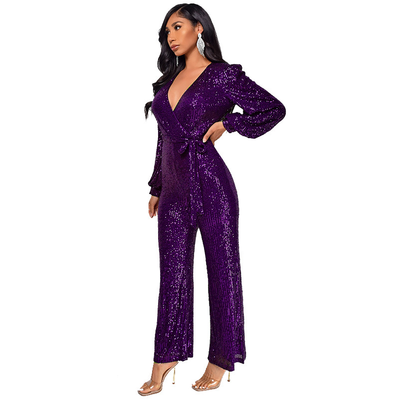 Damkläder Ins Style Deep V Mode Casual Jumpsuit Långärmat Bälte Paljett Jumpsuit Dam_voghion.com