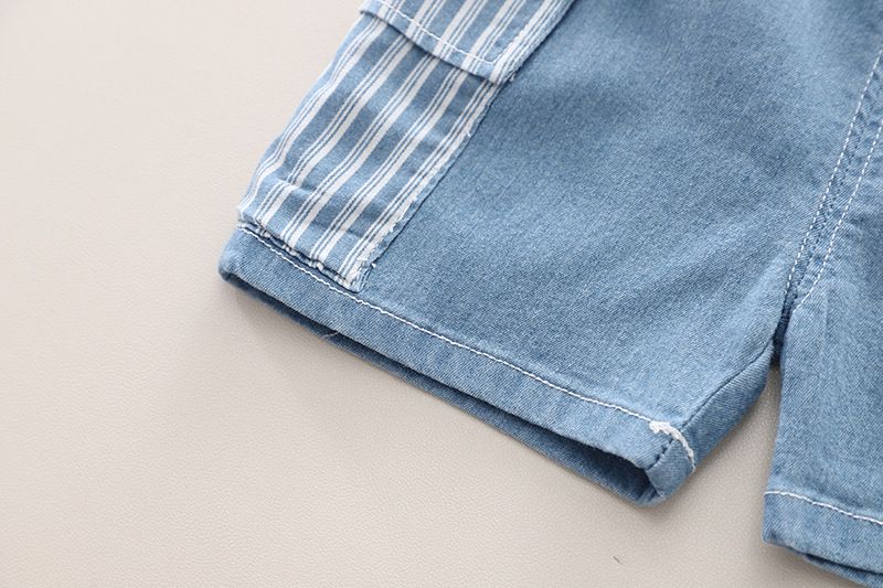 Grenzüberschreitender Außenhandel Kinderkleidung Jungenanzug Sommer Neu Gestreiftes, farblich passendes Jeanshemd Bequemer Anzug mit kurzen Ärmeln und Shorts_voghion.com