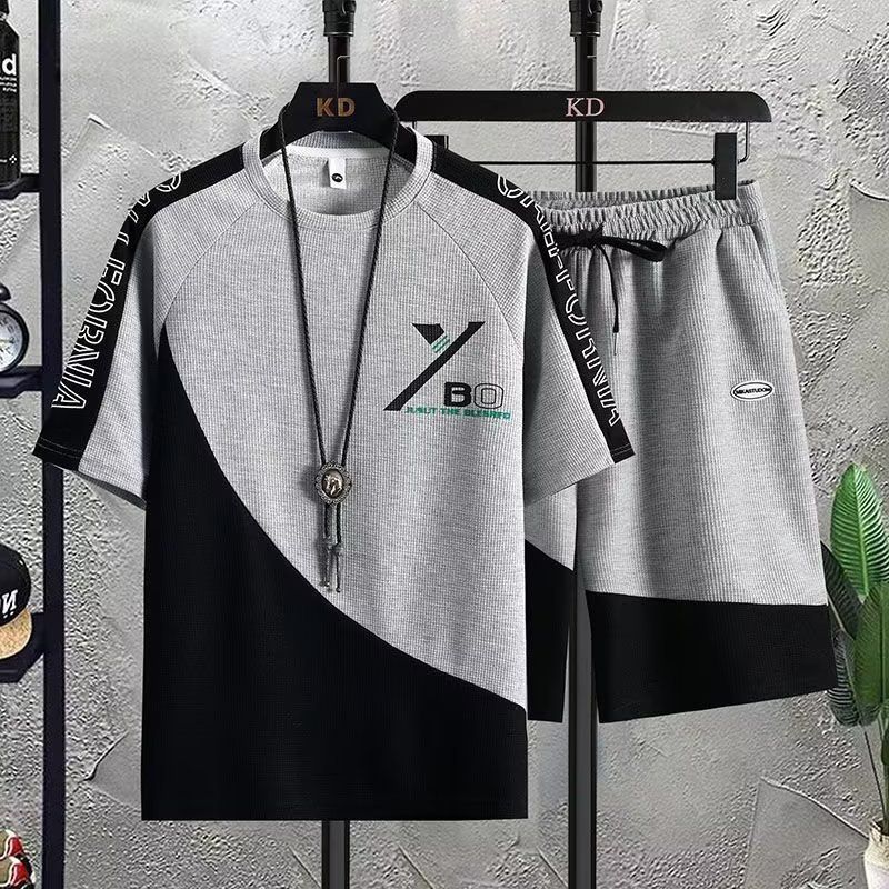 LazyZoom Waffle Texture Casual Suit For Men Summer Youth Plus Size Men's Sports Short Sleeve And Shorts Set 1/2 Pieces_voghion.com