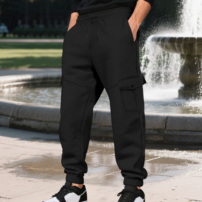 Autumn Winter Fleece Drawstring Men's Loose Casual Sports Multi-Pocket Cargo Pants_voghion.com