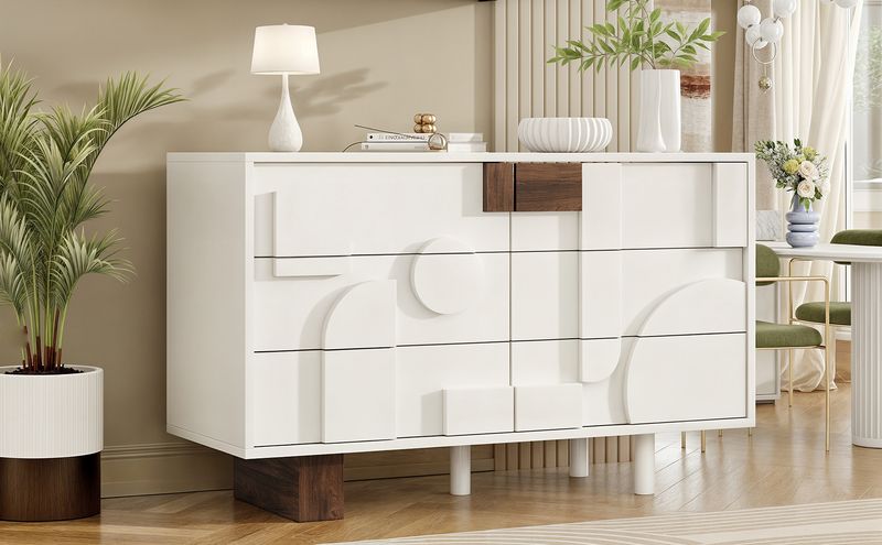 Credenza Weiß Mit Geometrischen Türen, funzione Push-to-Pop, Massivholzbeine_voghion.com