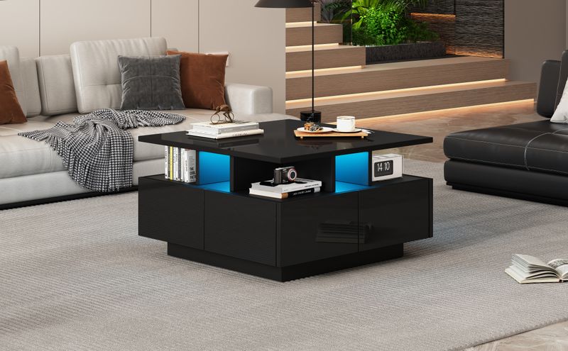 Table basse de salon noire brillante 70 x 70 x 40 cm avec éclairage LED, table d'appoint à 4 tiroirs, design géométrique, capacité de charge de 30 kg._voghion.com