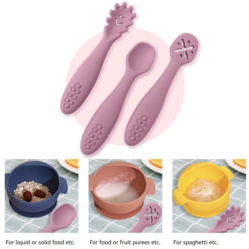 3-teiliges Set aus Silikon-Löffel und Gabel für Babys, Besteck, Fütterung, Essen, Kleinkind, Essen lernen, Training, weiche Gabel, Besteck, Kindergeschirr_voghion.com