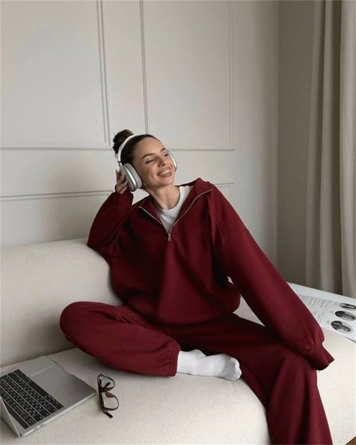 Lässiges Sportbekleidungsset für Damen – Zweiteiliges Outfit mit langärmligem Kapuzenpullover mit Reißverschluss und Jogginghose mit elastischer Taille_voghion.com