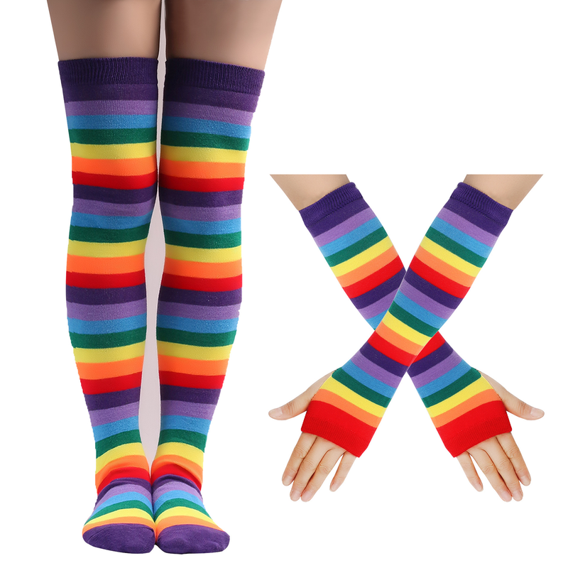 Regenbogensocken, hohe Socken, Kniestrümpfe aus Baumwolle, bunt gestreifte Handschuhe für Damen, Party-Requisiten-Set_voghion.com