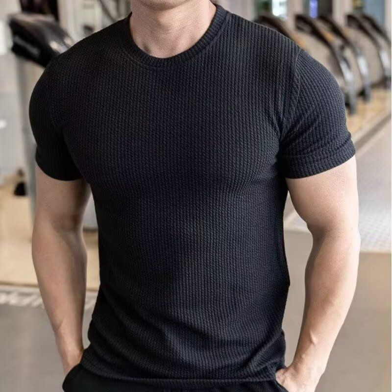 Men's Short-sleeved T-shirt Summer New Slim-fit Business Casual Fashion Versatile High-end Striped Crew Neck Bottoming Shirt_voghion.com