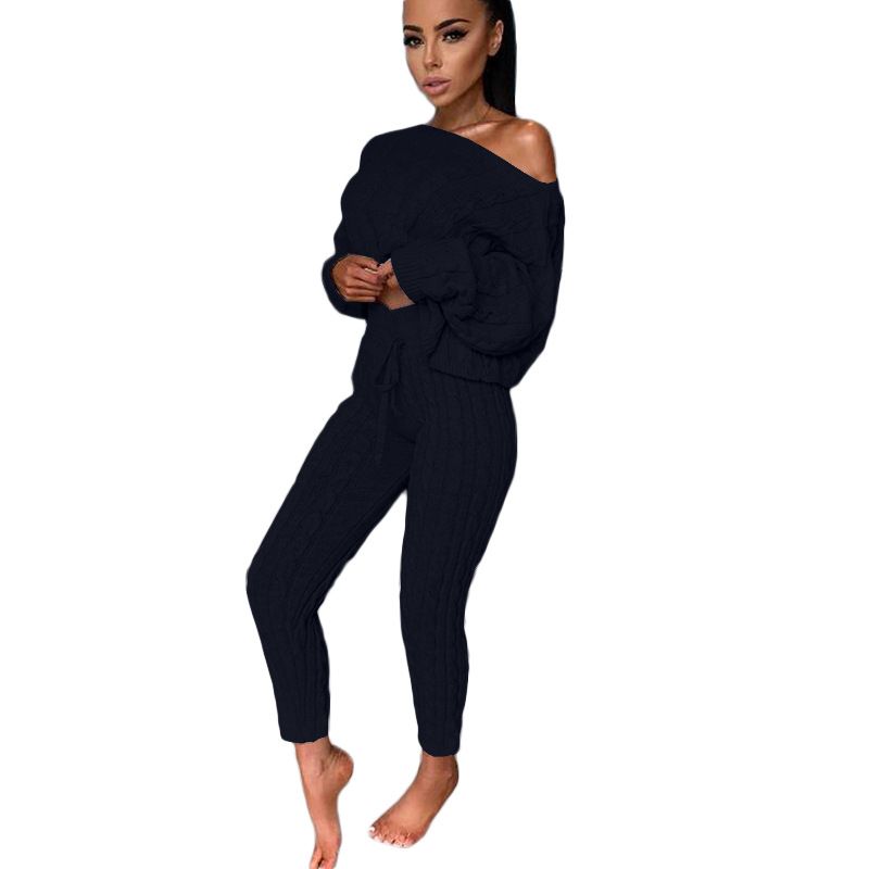 Women's fashion set crew-neck wool-knitted trousers long-sleeved set sweater_voghion.com