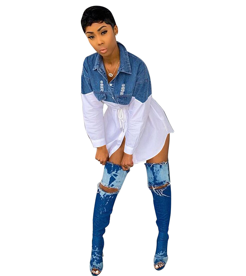 Moda femminile Camicia in denim alla moda con gonna slim fit allacciata_voghion.com