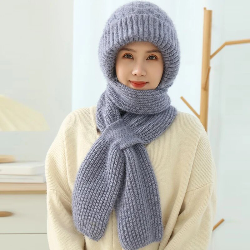 Plysch och allt-i-ett stickad dam vinter varm mössa Scarf förtjockad huva öronskydd utomhusskidor mössa för kvinnor_voghion.com