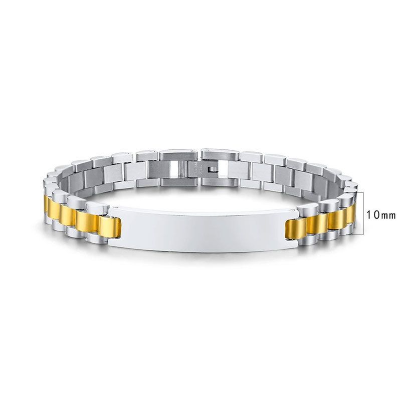 Bracciale da uomo in titanio regolabile con etichetta curva e cinturino in acciaio inossidabile dorato con incisione, vendita all'ingrosso di gioielli da donna_voghion.com