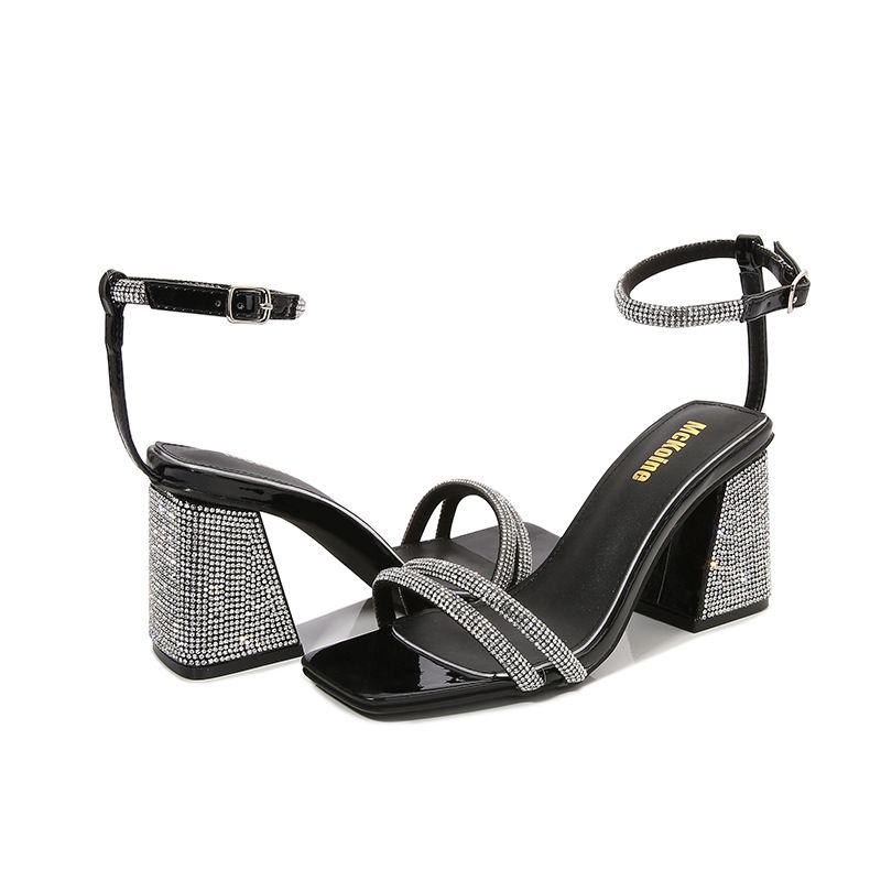 Plus-size hoge hakken sandalen Diamanten strass hakken met dikke hakken vierkante kop open teen cool_voghion.com